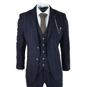 Mens Navy Check 3 Piece Suit Wool Tweed Classic 1920s Vintage Tailored Fit Wedding