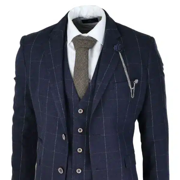 Mens Navy Check 3 Piece Suit Wool Tweed Classic 1920s Vintage Tailored Fit Wedding