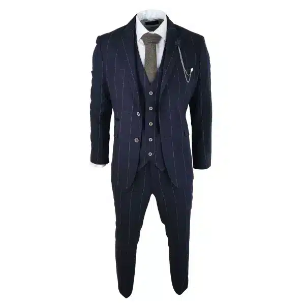 Mens Navy Check 3 Piece Suit Wool Tweed Classic 1920s Vintage Tailored Fit Wedding