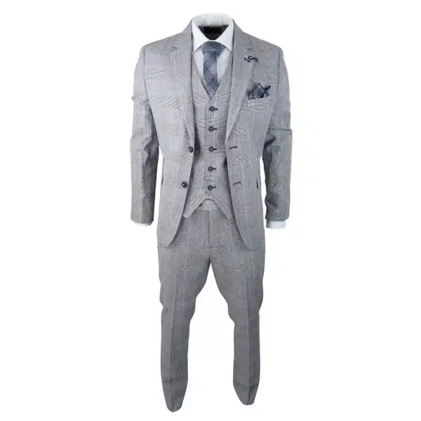 Mens 3 Piece Summer Suit Grey Check Blue Black Tailored Fit Classic Wedding Formal