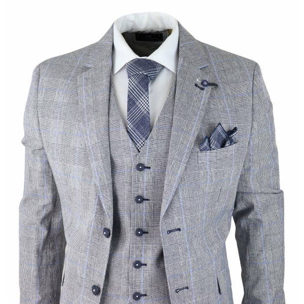 Mens 3 Piece Summer Suit Grey Check Blue Black Tailored Fit Classic Wedding Formal