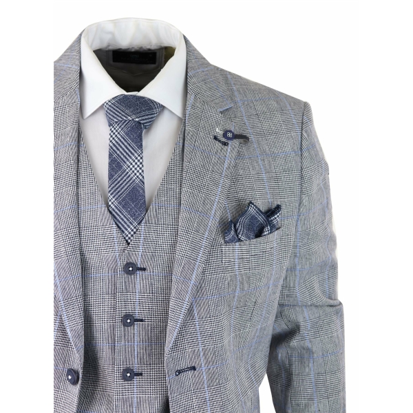 Mens 3 Piece Summer Suit Grey Check Blue Black Tailored Fit Classic Wedding Formal