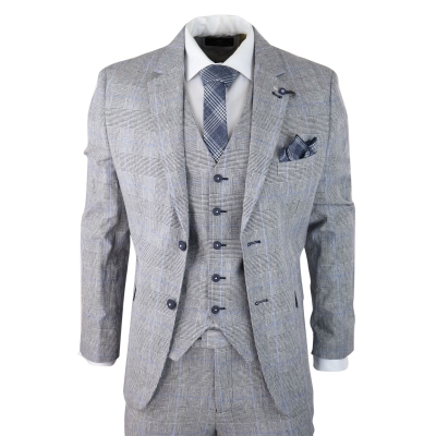 Mens 3 Piece Summer Suit Grey Check Blue Black Tailored Fit Classic Wedding Formal