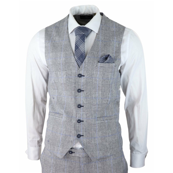 Mens 3 Piece Summer Suit Grey Check Blue Black Tailored Fit Classic Wedding Formal