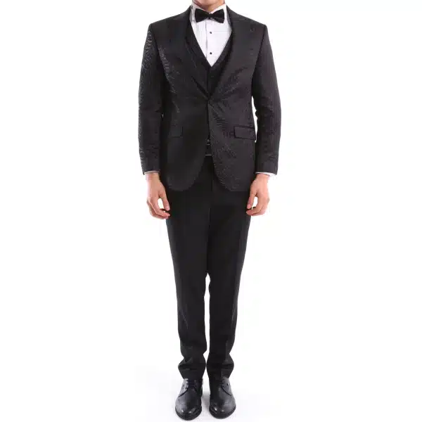 Mens 3 Piece Black Tuxedo Formal Wedding Prom Party Satin Bow Tie Dinner Suit