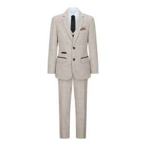 Boys Check Tweed Beige Brown 3 Piece Suit Wedding Vintage Retro Classic