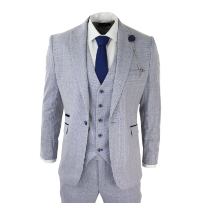 Mens 3 Piece Check Suit Tweed Light Blue Tailored Fit Wedding Peaky Classic