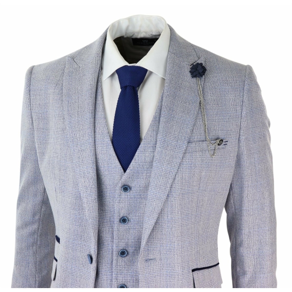 Mens 3 Piece Check Suit Tweed Light Blue Tailored Fit Wedding Peaky Classic