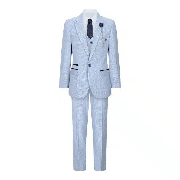 Boys 3 Piece Check Suit Tweed Light Blue Tailored Fit Wedding Peaky Classic