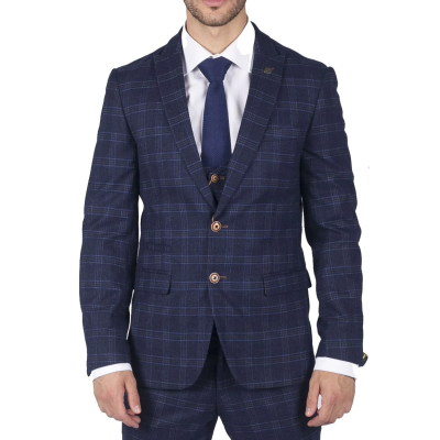 Mens Marc Darcy Blue Check Prince Of Wales 3 Piece Suit Smart Casual Slim Fit Chigwell