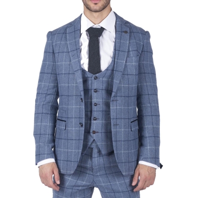 Mens Marc Darcy Light Blue Navy Check 3 Piece suit Smart Casual Tweed Slim Fit Clinton