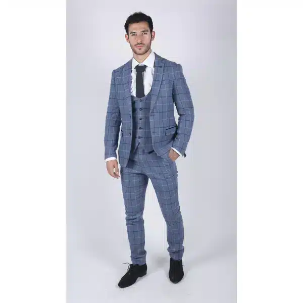 Mens Marc Darcy Light Blue Navy Check 3 Piece suit Smart Casual Tweed Slim Fit Clinton