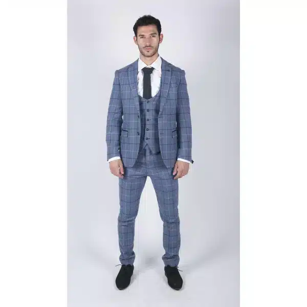 Mens Marc Darcy Light Blue Navy Check 3 Piece suit Smart Casual Tweed Slim Fit Clinton