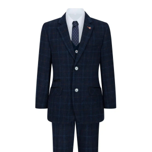 Boys Blue 3 Piece Suit Navy Check Wedding Prom Formal Vintage Tailored Fit