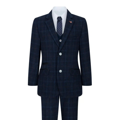 Boys Blue 3 Piece Suit Navy Check Wedding Prom Formal Vintage Tailored Fit