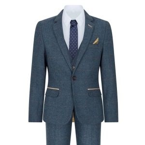 Boys Blue 3 Piece Herringbone Tweed Check Vintage Tailored Fit Suit