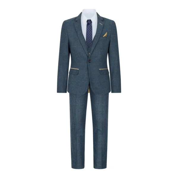 Boys Blue 3 Piece Herringbone Tweed Check Vintage Tailored Fit Suit