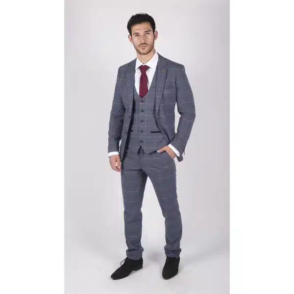 Mens Marc Darcy Blue Grey Red Check 3 Piece Suit Smart Casual Tweed Slim Fit Drake