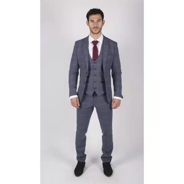 Mens Marc Darcy Blue Grey Red Check 3 Piece Suit Smart Casual Tweed Slim Fit Drake