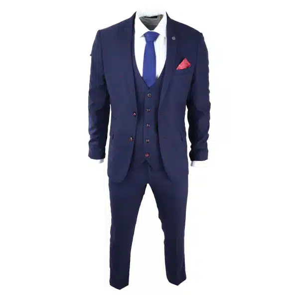 Mens Navy Check 3 Piece Suit Red Edinson Marc Darcy Classic Vintage Wedding