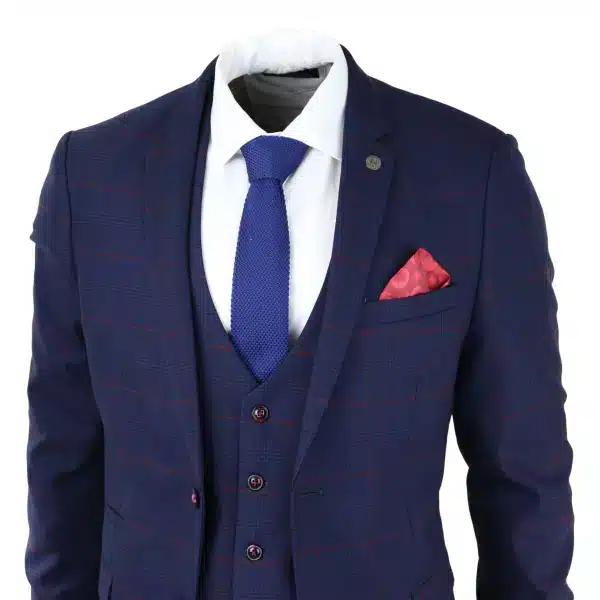 Mens Navy Check 3 Piece Suit Red Edinson Marc Darcy Classic Vintage Wedding