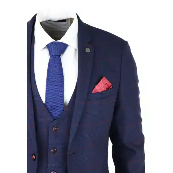 Mens Navy Check 3 Piece Suit Red Edinson Marc Darcy Classic Vintage Wedding