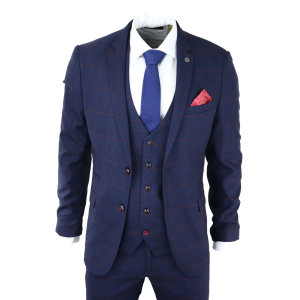 Mens Navy Check 3 Piece Suit Red Edinson Marc Darcy Classic Vintage Wedding