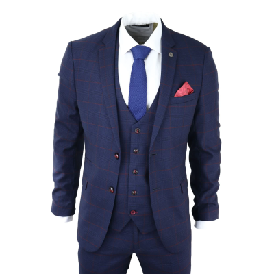 Mens Navy Check 3 Piece Suit Red Edinson Marc Darcy Classic Vintage Wedding