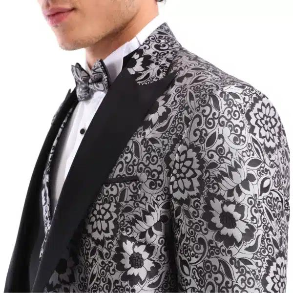 Mens Silver Floral Black Tuxedo Suit 3 Piece Wedding Prom Party Grooms Ceremony