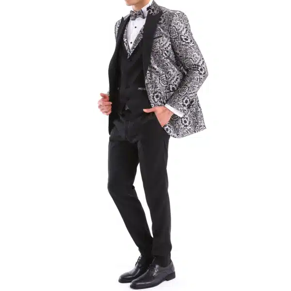 Mens Silver Floral Black Tuxedo Suit 3 Piece Wedding Prom Party Grooms Ceremony