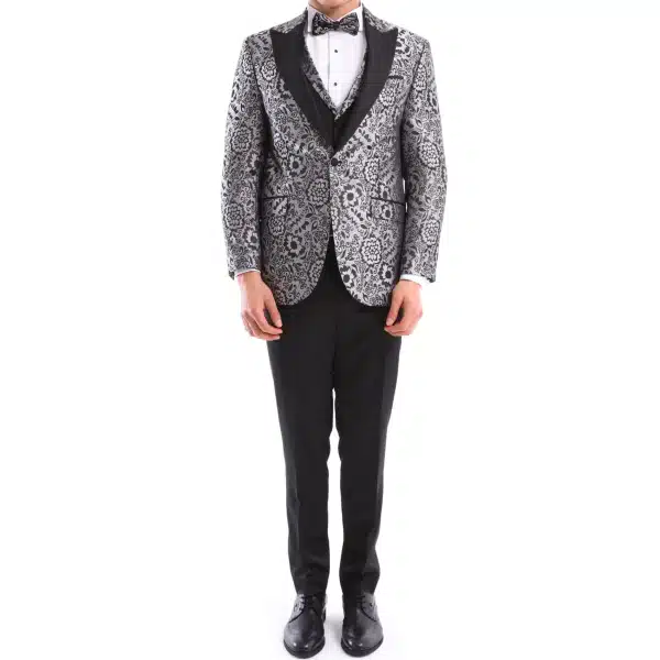 Mens Silver Floral Black Tuxedo Suit 3 Piece Wedding Prom Party Grooms Ceremony