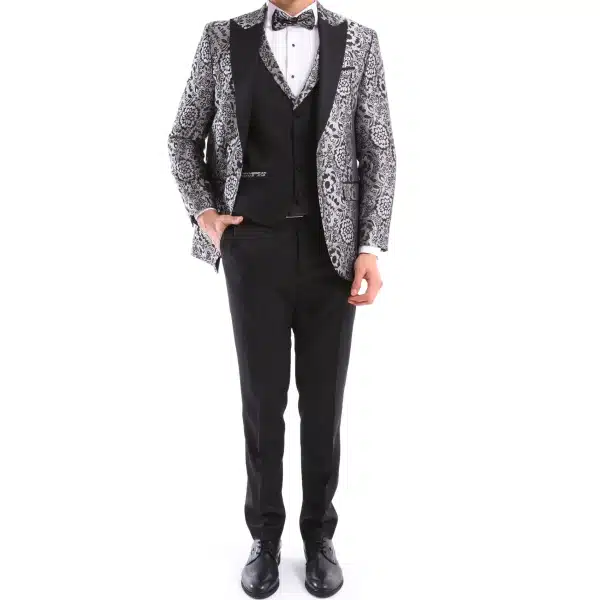 Mens Silver Floral Black Tuxedo Suit 3 Piece Wedding Prom Party Grooms Ceremony