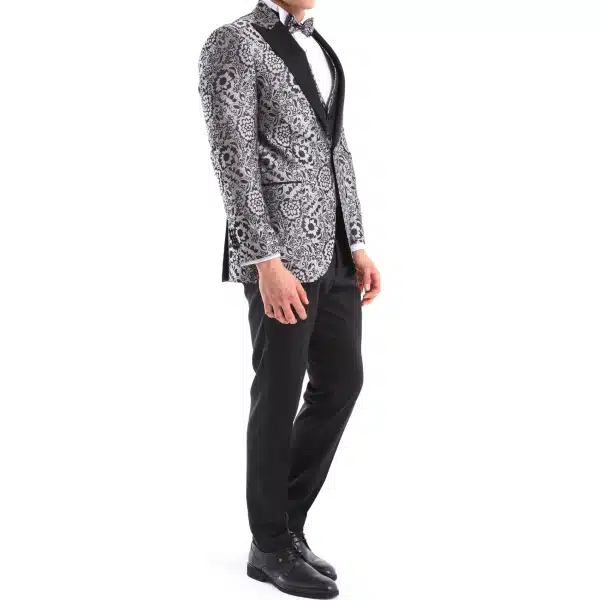 Mens Silver Floral Black Tuxedo Suit 3 Piece Wedding Prom Party Grooms Ceremony