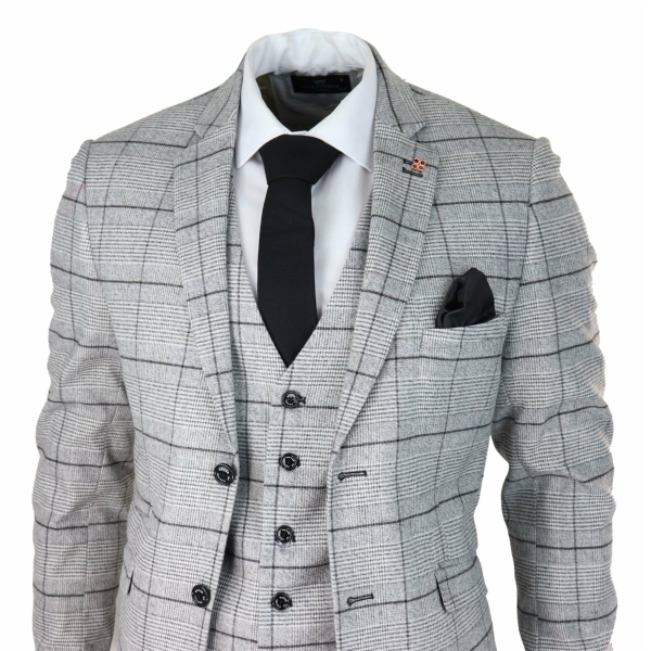 Mens Grey Check Black Tweed 3 Piece Suit Vintage Classic 1920s Wedding