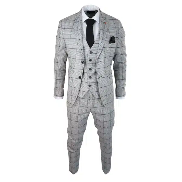 Mens Grey Check Black Tweed 3 Piece Suit Vintage Classic 1920s Wedding