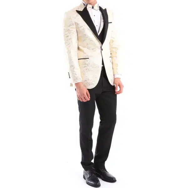 Mens 3 Piece Cream Black Ivory Suit Bow Tie Tuxedo Ceremony Wedding Grooms Prom