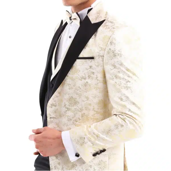 Mens 3 Piece Cream Black Ivory Suit Bow Tie Tuxedo Ceremony Wedding Grooms Prom