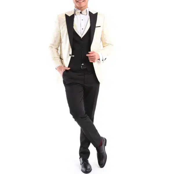 Mens 3 Piece Cream Black Ivory Suit Bow Tie Tuxedo Ceremony Wedding Grooms Prom