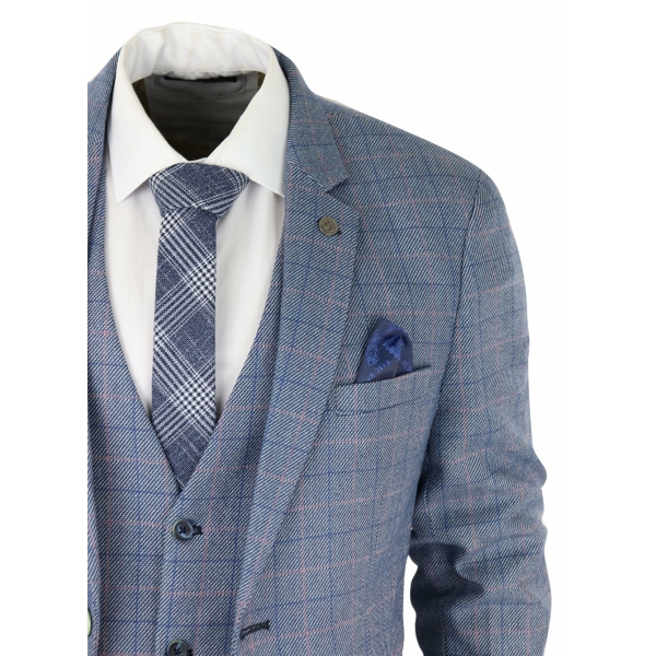 Mens 3 Piece Suit Sky Blue Check Wool Feel Marc Darcy Tailored Fit Wedding Prom Harry