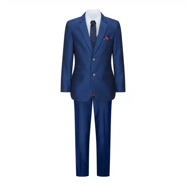 Boys 3 Piece Shiny Blue Wedding Party Suit Tailored Fit Smart Formal