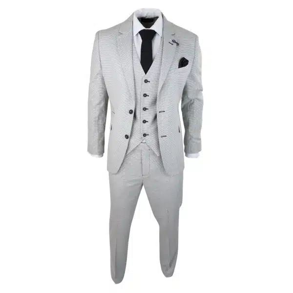 Mens 3 Piece Light Grey Black Check Suit Tailored Fit Retro Vintage Classic Smart