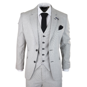 Mens 3 Piece Light Grey Black Check Suit Tailored Fit Retro Vintage Classic Smart