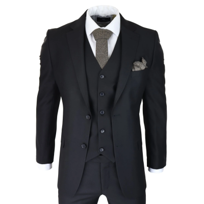 Mens Classic Black 3 Piece Suit Slim Fit Vintage Retro 2 Button Smart Formal