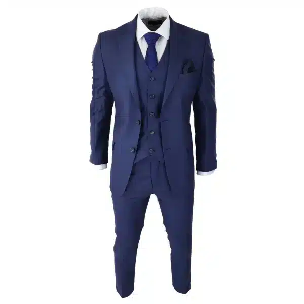 Mens Classic Navy Blue 3 Piece Suit Slim Fit Vintage Retro Smart Formal Wedding