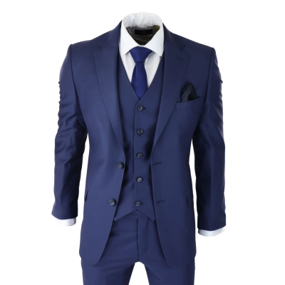 Mens Classic Navy Blue 3 Piece Suit Slim Fit Vintage Retro Smart Formal Wedding