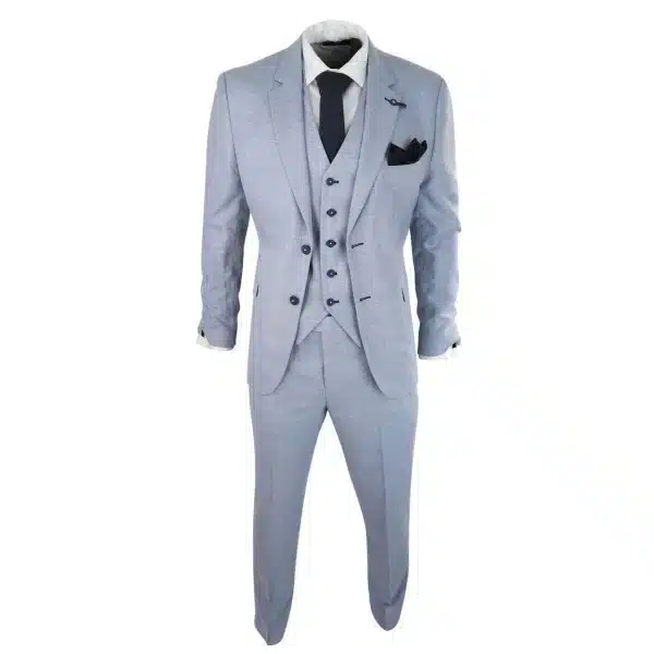 Mens 3 Piece Suit Light Blue Summer Linen Tailored Fit Wedding Prom Classic