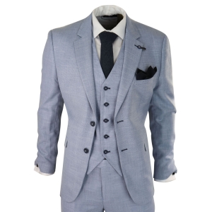 Mens 3 Piece Suit Light Blue Summer Linen Tailored Fit Wedding Prom Classic