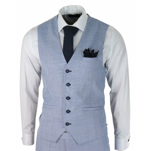 Mens 3 Piece Suit Light Blue Summer Linen Tailored Fit Wedding Prom Classic