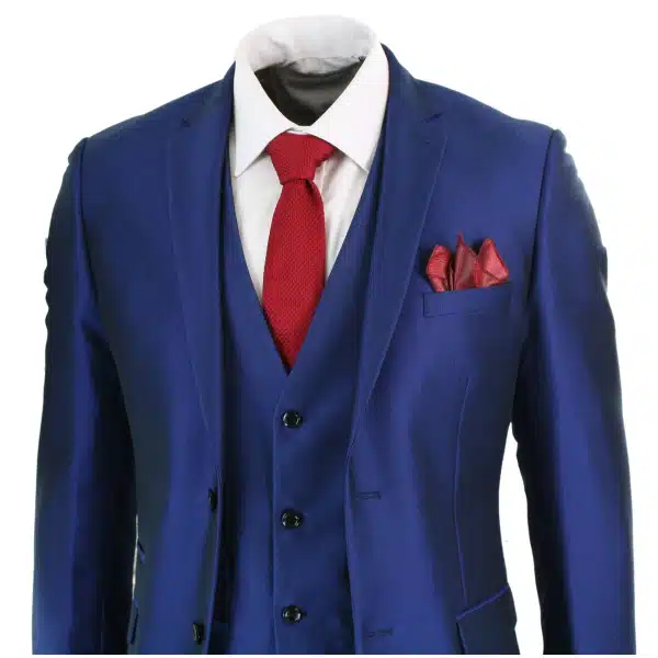 Mens 3 Piece Shiny Blue Wedding Prom Party Suit Tailored Fit Smart Formal