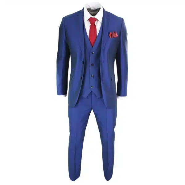 Mens 3 Piece Shiny Blue Wedding Prom Party Suit Tailored Fit Smart Formal